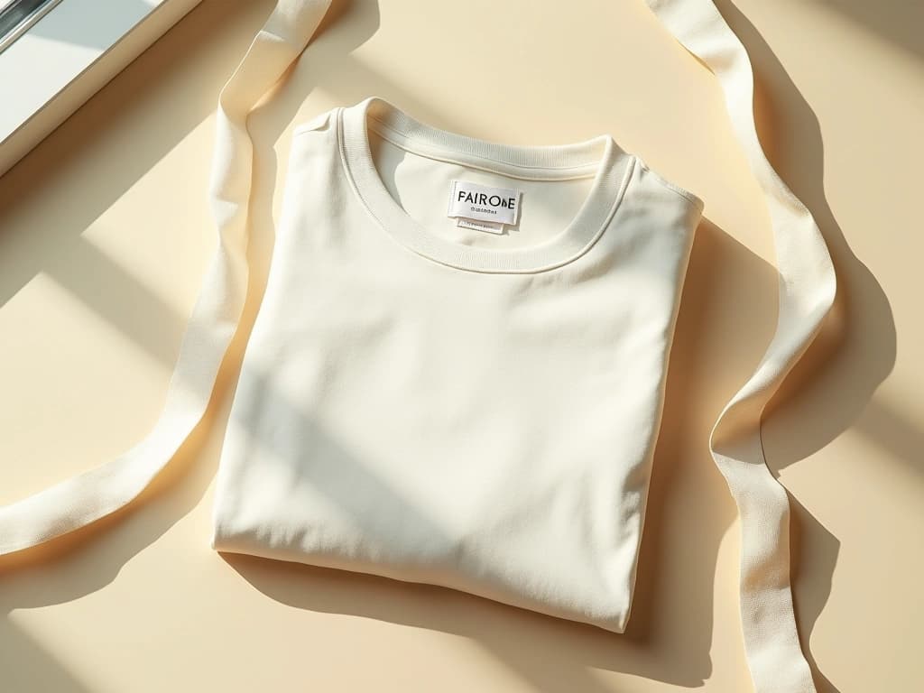 A single neatly folded ivory cotton jersey shirt with a small white sewn-in care label visible at the neckline, an ivory cloth measuring tape draped beside it on a warm cream surface in soft afternoon daylight — apparel catalogs hinge on size, colour, material, and gender as structured fields.