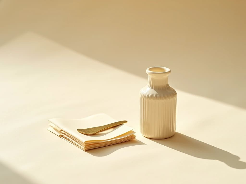 A single small unmarked cream-coloured ceramic apothecary bottle with a fluted neck, a small folded ivory paper booklet with a slim brass spatula resting on top, on a warm cream surface in soft afternoon daylight — beauty agents filter on ingredients, shade, volume, and claims, and most catalogs ship none of them structured.