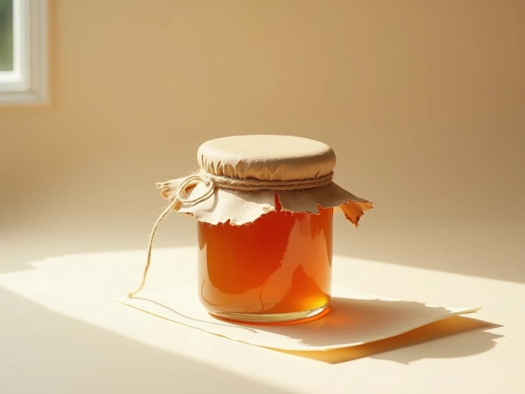 A small clear glass artisan preserves jar three-quarters full of warm amber preserves, the lid hand-tied with kraft paper and twine, resting on a small folded blank cream paper sheet on a warm surface in soft daylight — food catalogs depend on allergens, nutrition, provenance, and certifications as regulatory fields.