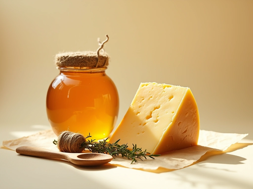 Editorial still life of British speciality foods on warm cream paper — a glass jar of golden honey, a wedge of aged cheddar partially wrapped in waxed paper, a sprig of fresh thyme, and a wooden spoon, lit by soft north window light.